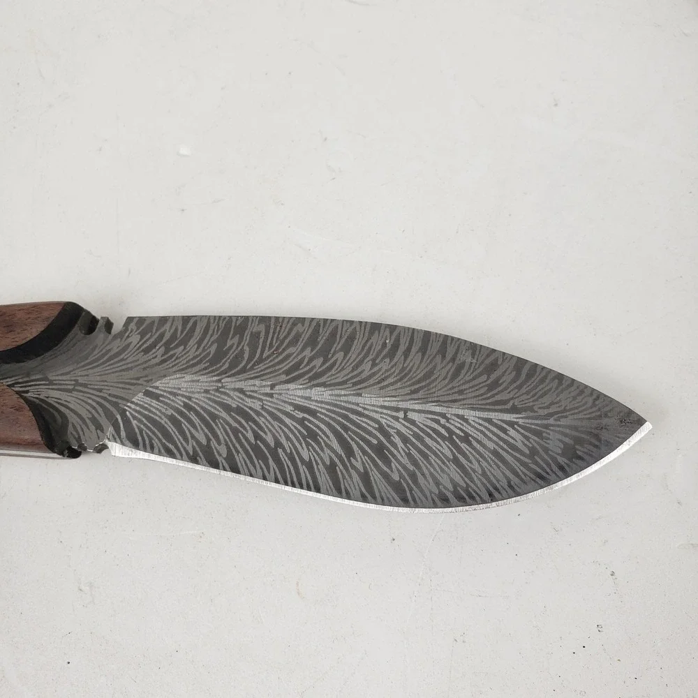 Custom Damascus Steel Feather Blade Hunting Knife Wood Handle Leather Sheath 8in
